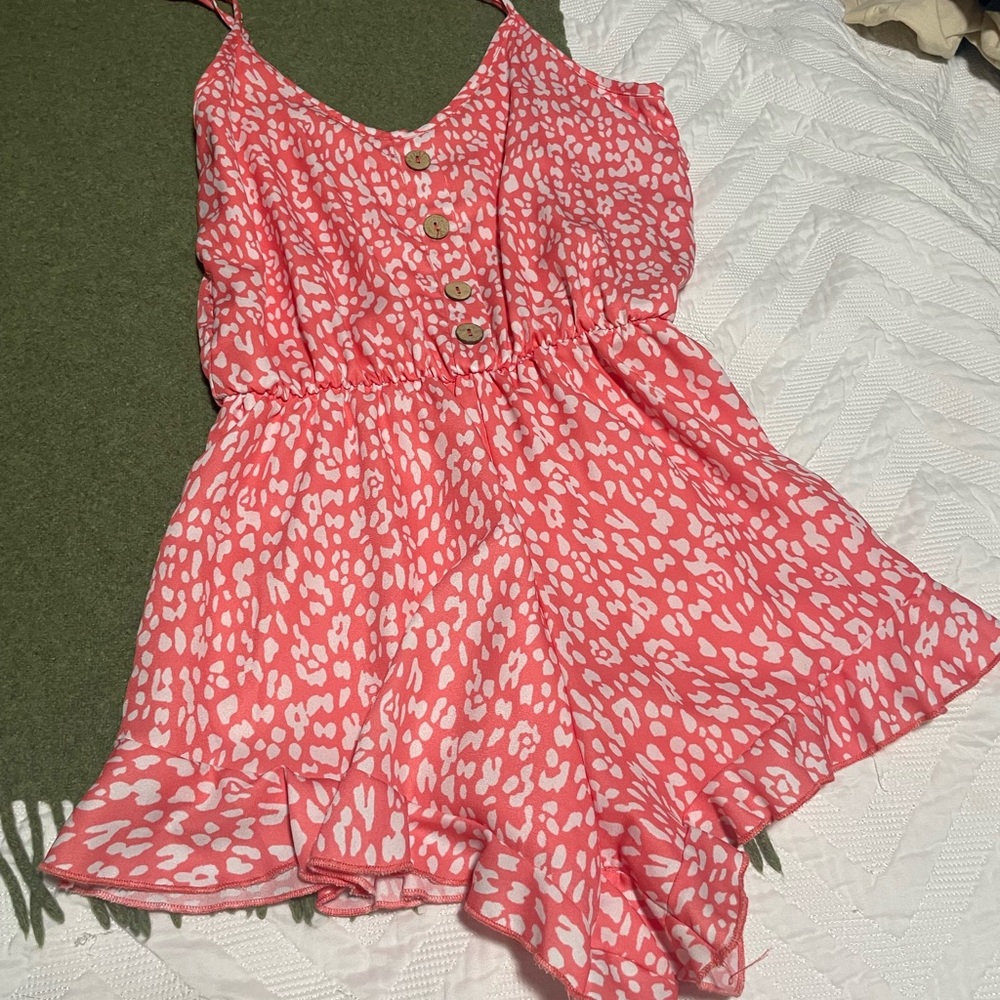 Pink Lily Coral and White Patterned Romper